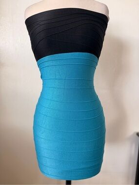 bebe Strapless Black and Teal Bandage Bodycon Dress